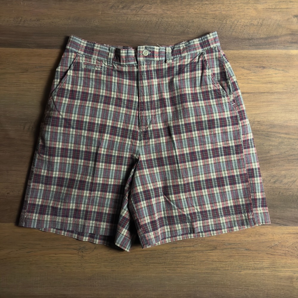 Vintage Sonoma Jean Company Plaid Shorts Women 12 Burgundy Navy Cotton High Rise